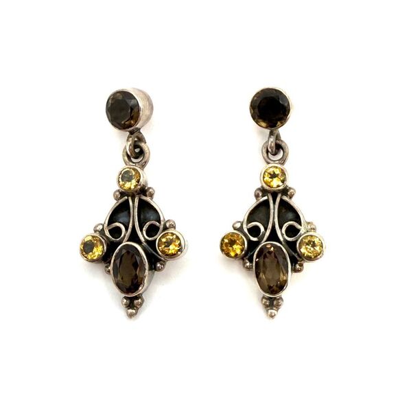925 Smoky Quartz Citrine Dangle Drop Earrigs Pierced Ear Stud Boho Natural Stone - Picture 1 of 5